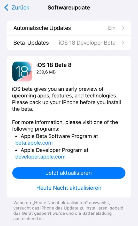 凭祥苹果手机维修分享苹果 iOS / iPadOS 18 开发者预览版 Beta 8 发布 